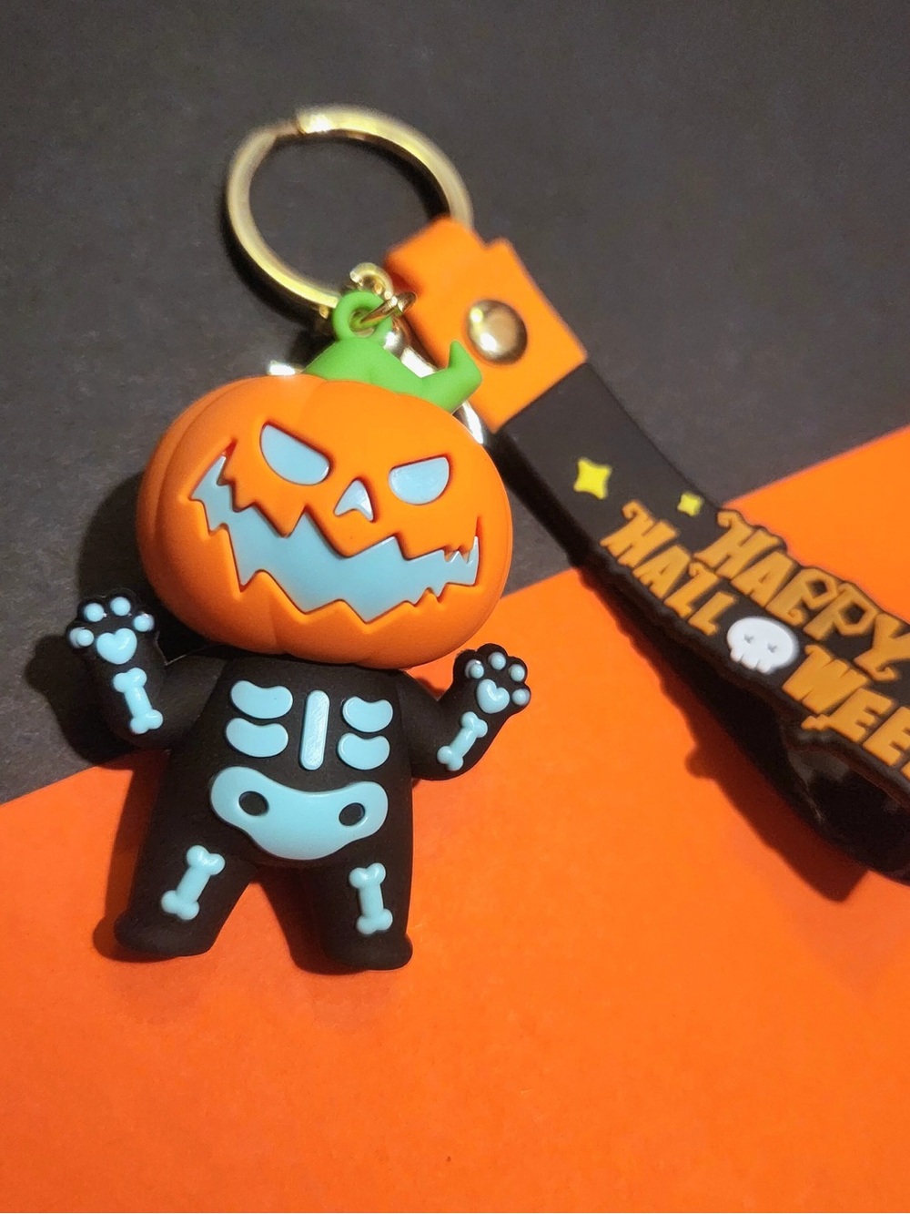 Halloween Pumpkin Skeleton Keychain - Orange, Black & Light Blue